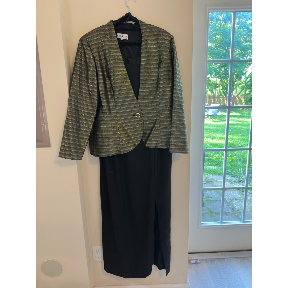 Karen Miller Dress Suit Set Vintage Black Gold Metallic Stripe Maxi 14